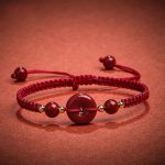 Buddha Stones Natural Cinnabar Peace Buckle Blessing String Bracelet Bracelet BS Dark Red Rope(Wrist Circumference 14-18cm)
