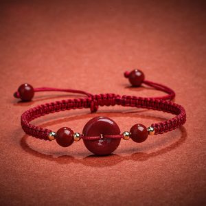 Buddha Stones Natural Cinnabar Peace Buckle Blessing String Bracelet Bracelet BS Dark Red Rope(Wrist Circumference 14-18cm)