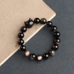 Buddha Stones Gold Sheen Obsidian Silver Sheen Obsidian Lovely Paw Lucky Cat Protection Bracelet Bracelet BS Silver Sheen Obsidian Cat Head 8mm