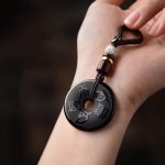 Buddha Stones Black Obsidian Taoism Five Sacred Mountains Carved Strength Peace Buckle Necklace Pendant Key Chain Phone Hanging Decoration Necklaces & Pendants BS 6