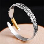 Buddha Stones Feather Pattern Engraved Luck Cuff Bracelet Bangle Bracelet Bangle BS 1