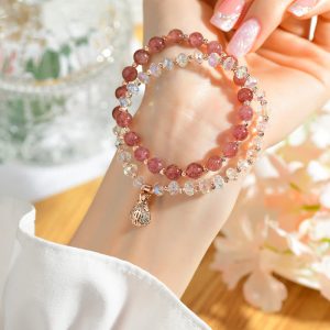 Buddha Stones Strawberry Quartz White Crystal Money Bag Charm Positive Bracelet Bracelet BS Strawberry Quartz Double Wrap(Wrist Circumference 14-16cm)