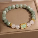 Buddha Stones Natural Green Jade White Agate Five Scriptures Abundance Bracelet Bracelet BS Jade(Wrist Circumference: 14-16cm)