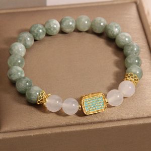 Buddha Stones Natural Green Jade White Agate Five Scriptures Abundance Bracelet Bracelet BS Jade(Wrist Circumference: 14-16cm)