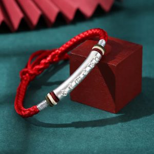 Buddha Stones 999 Sterling Silver Om Mani Padme Hum Protection Strength String Bracelet Bracelet BS 999 Sterling Silver Red(Bracelet Size 16+4.5cm)