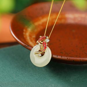 Buddha Stones 925 Sterling Silver Hetian Jade Peace Buckle Koi Fish Luck Necklace Pendant 1