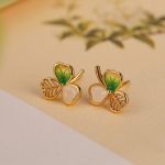 Buddha Stones 925 Sterling Silver Plated Gold Hetian Jade Luck Shamrock Clover Necklace Pendant Earrings Bracelet Necklaces & Pendants BS Earrings