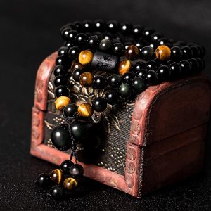 Buddha Stones Natural Black Obsidian Rainbow Obsidian Gourd Blessing Bracelet Mala Mala Bracelet BS Black Obsidian 6mm*108