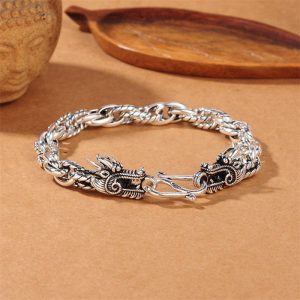 Buddha Stones 925 Sterling Silver Dragon Luck Protection Bracelet Bracelet Bangle BS 20cm