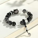 Buddha Stones Natural Silver Sheen Obsidian Cat Head Fox Planet Protection Bracelet Bracelet BS 2