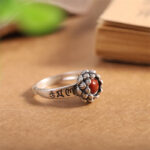 Buddha Stones925 Sterling Silver Lotus Red Agate Confidence Blessing Ring Ring BS 8
