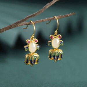 Buddha Stones 925 Sterling Silver Hetian White Jade Red Agate Cute Fish Happiness Drop Earrings Earrings BS Gold Hetian White Jade(Protection♥Happiness)