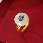 Buddha Stones 925 Sterling Silver Plated Gold Hetian Jade Lotus Luck Ring Earrings Set Bracelet Necklaces & Pendants BS Ring(Inner Circumference 54-60mm Adjustable)