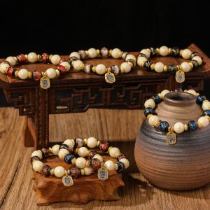 Buddha Stones Tibetan Zakiram Goddess of Wealth Charm Liuli Glass Incense Ash Porcelain Bead Protection Bracelet Bracelet BS main