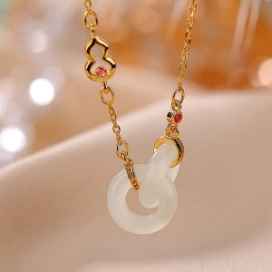 Buddha Stones 925 Sterling Silver Round Jade Luck Prosperity Necklace Chain Pendant Necklaces & Pendants BS White Jade Gold