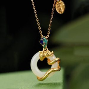 Buddha Stones Year Of The Dragon 925 Sterling Silver Hetian White Jade Peace Buckle Auspicious Clouds Success Necklace Pendant Necklaces & Pendants BS Gold Dragon