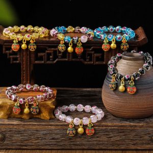 Buddha Stones Gold Swallowing Beast Family Pink Love Heart Luminous Fluorescent Liuli Glass Bead Bracelet Bracelet BS main