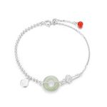 Buddha Stones 925 Sterling Silver Hetian Jade Peace Buckle Fu Character Luck Chain Bracelet Bracelet BS 9