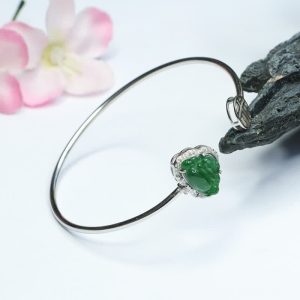 Buddha Stones 925 Sterling Silver Laughing Buddha Jade Luck Bracelet Bangle Bracelet BS Jade