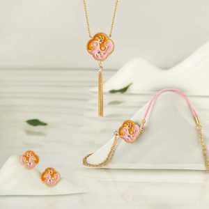 Buddha Stones 18K Gold Plated Copper Two Birds Zircon Healing Necklace Pendant Bracelet Earrings Set Bracelet Necklaces & Pendants BS 3Pcs(Necklace Bracelet&Earrings)