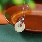 Buddha Stones 925 Sterling Silver Hetian Jade Peace Buckle Koi Fish Luck Necklace Pendant 6