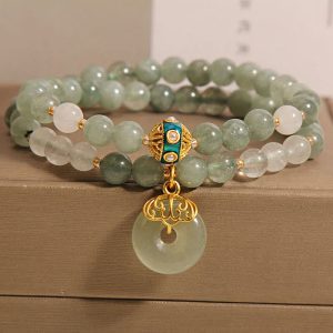 Buddha Stones Green Aventurine Peace Buckle Charm Luck Double Wrap Bracelet Bracelet BS Green Aventurine(Wrist Circumference 14-15cm)