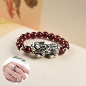Buddha Stones 925 Sterling Silver Natural Garnet Moonstone Red Agate PiXiu Wealth Ring Ring BS Garnet PiXiu