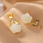 Buddha Stones 925 Sterling Silver Plated Gold Jade Rose Flower Cyan Jade Pearl Luck Earrings Earrings BS 2