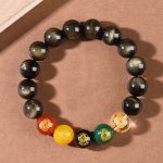 Buddha Stones Gold Sheen Obsidian Rainbow Obsidian Black Obsidian Five Directions Gods of Wealth Bracelet Bracelet BS 3