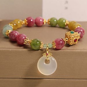 Buddha Stones Colorful Tourmaline Peace Buckle Charm Wisdom Bracelet Bracelet BS Tourmaline(Positive♥Love)(Wrist Circumference 14-16cm)