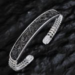 Buddha Stones Tang Dynasty Flower Design Engraved Copper Luck Cuff Bracelet Bangle Adjustable Ring Bracelet Bangle BS Silver Tang Dynasty Flower Design Bracelet Bangle