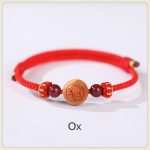 Buddha Stones Natural Peach Wood Chinese Zodiac Fu Character Carved Cinnabar Wealth Bracelet Bracelet BS Ox-Red(Wrist Circumference 14-22cm)
