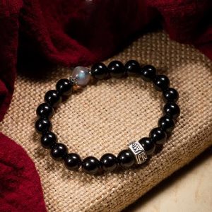 Buddha Stones Chinese Zodiac Natal Buddha 925 Sterling Silver Black Obsidian Moonstone Strength Bracelet Bracelet BS Dog/Pig-Amitabha Buddha