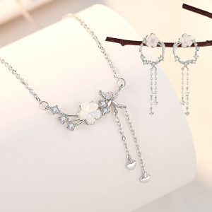 Buddha Stones 925 Sterling Silver Flower Butterfly Love Necklace Pendant Earrings Set Bracelet Necklaces & Pendants BS 2Pcs Silver(Necklace&Earrings)