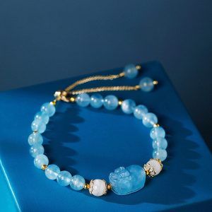 Buddha Stones Aquamarine Strawberry Quartz Amethyst Moonstone PiXiu Healing Bracelet Bracelet BS Aquamarine (Peace ♥ Serenity)
