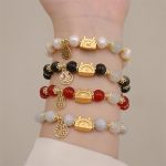 Buddha Stones Year Of The Dragon Red Agate Strawberry Quartz Black Obsidian Jade Garnet Pearl Cinnabar Dumpling Dragon Luck Fu Character Bracelet Bracelet BS 1