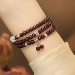 Buddha Stones 925 Sterling Silver Natural Garnet Cat Eye Protection Triple Wrap Bracelet Bracelet BS 18cm