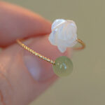 Buddha Stones 14K Gold Plated Tridacna Stone Rose Flower Jade Bead Blessing Ring Ring BS 1