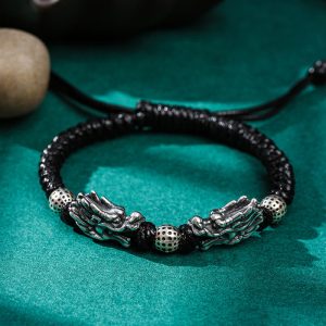 Buddha Stones 999 Sterling Silver Double Dragon Luck Handmade Braided Bracelet Bracelet BS Double Small Dragon(Bracelet Size 26cm)
