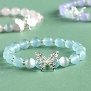 Buddha Stones Blue Chalcedony Pink Crystal Purple Chalcedony Butterfly Energy Bracelet 1