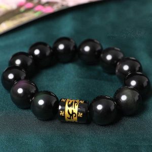 Buddha Stones Rainbow Obsidian Om Mani Padme Hum Swastika Positive Bracelet Bracelet BS 16mm(Wrist Circumference 14-18cm)