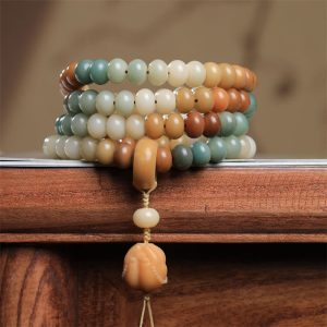 Buddha Stones 108 Mala Beads Gradient Bodhi Seed Buddha Hand Engraved Peace Bracelet Mala Bracelet BS Bodhi Seed(Wisdom♥Wake Up)