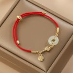 Buddha Stones 18K Gold Plated Hetian Jade Peace Buckle Fu Character Luck Red Rope Bracelet Bracelet BS 14-22cm