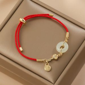 Buddha Stones 18K Gold Plated Hetian Jade Peace Buckle Fu Character Luck Red Rope Bracelet Bracelet BS 14-22cm