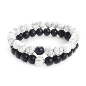 Buddha Stones 2pcs Natural Frosted Stone White Turquoise Bead Couple Bracelet Bracelet BS Frosted Stone&White Turquoise