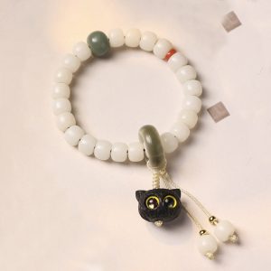 Buddha Stones Natural Bodhi Seed African Blackwood Lovely Cat Charm Peace Harmony Bracelet Bracelet BS Yellow Eyes Cat Bodhi Seed