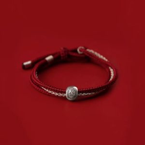 Buddha Stones 925 Sterling Silver Tibetan Zakiram Goddess of Wealth Luck Rope Bracelet Bracelet BS Dark Red Beige Rope(Wrist Circumference 15-18cm)