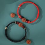 Buddha Stones Natural Peach Wood Chinese Zodiac Fu Character Carved Cinnabar Wealth Bracelet Bracelet BS 16