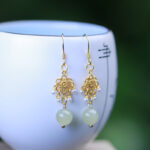 Buddha Stones Hetian Jade Flower Pattern 14K Gold Plated Luck Drop Dangle Earrings Earrings BS 1