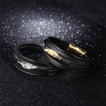 Buddha Stones Feather Pattern Multilayer Leather Titanium Steel Calm Braided Magnetic Buckle Bracelet Bracelet BS 6